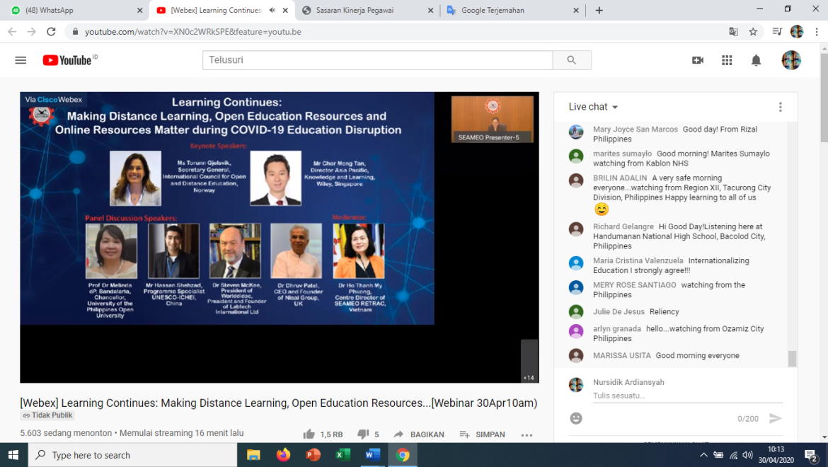 Webinar Series onSEAMEO’s Response To Covid-19 Pandemic Learning Continues: Making Distance Learning, Open Education Resources, and Online Resources Matter during Covid-19 Education Disruption